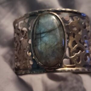 Sterling Silver Milor Filigree Cuff Bracelet with Green Labradorite Stone 8 Inch